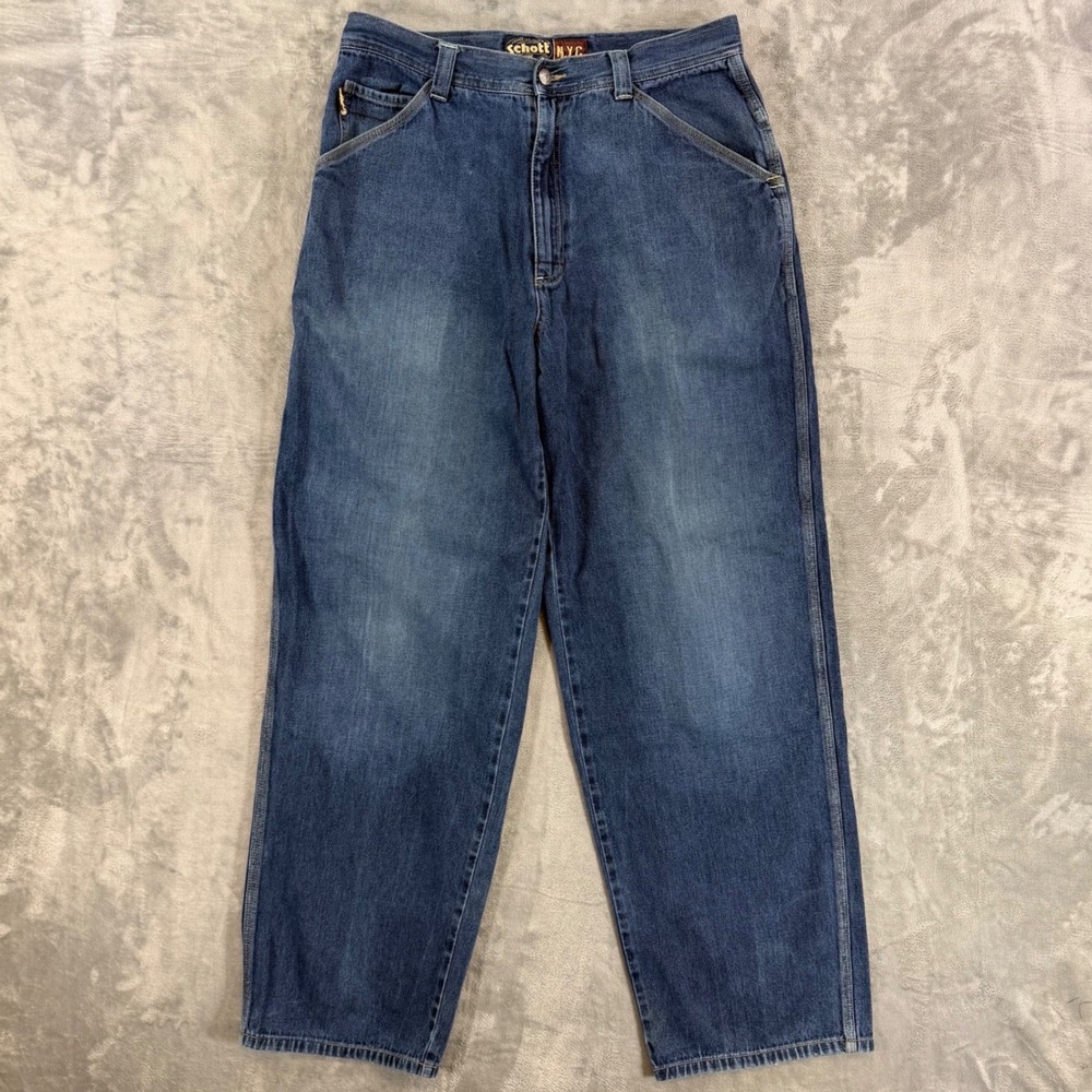 Schott NYC Carpenter Jeans Mens Size 36x34 Blue Wide Leg Workwear Denim Pants